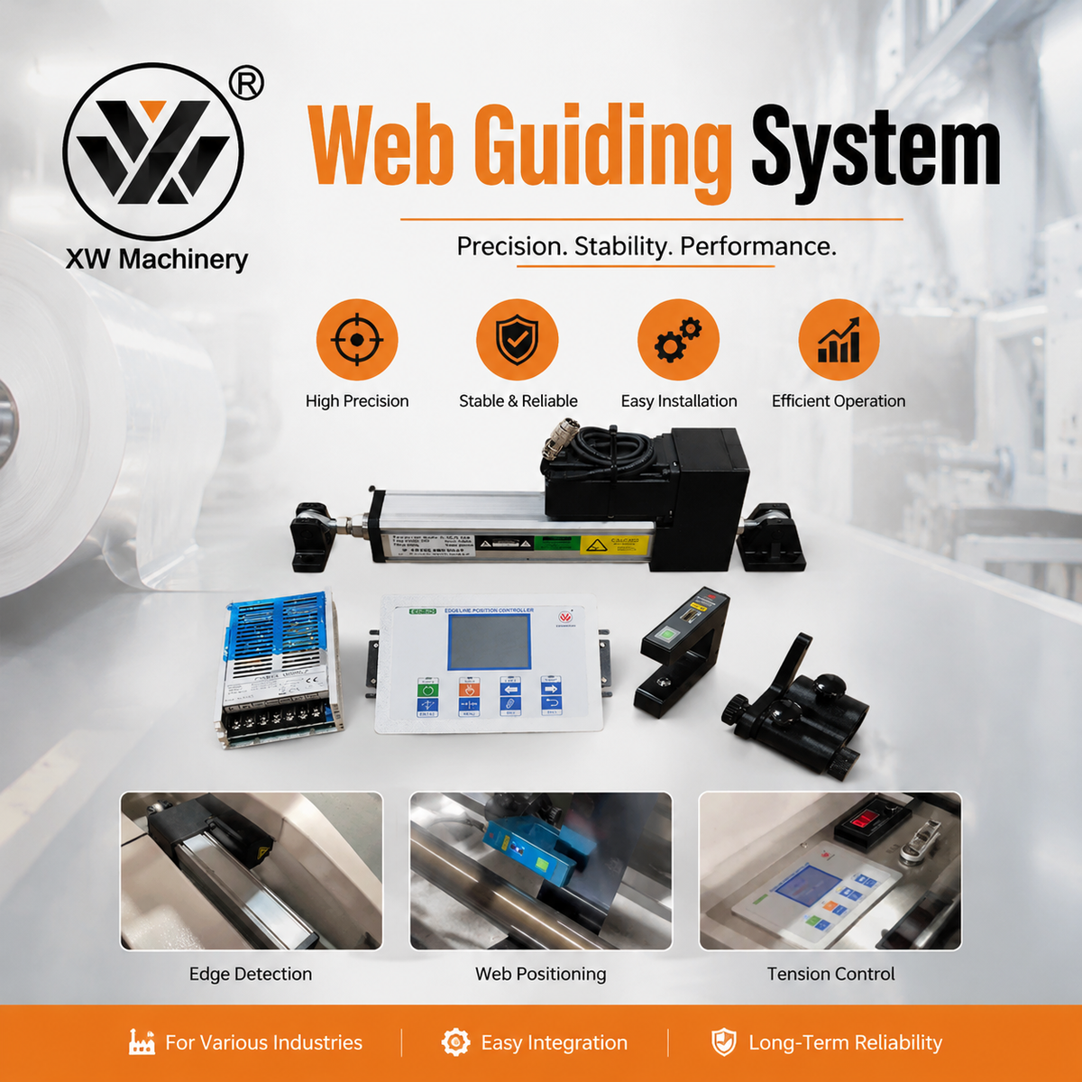 Web Guiding System, automatic EPC edge position control system for roll‑to‑roll slitting and rewinding converting machine