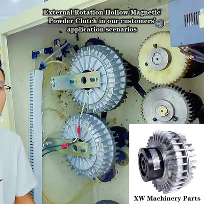 Outer rotary hollow bore magnetic powder clutch for precise web tension control applications
