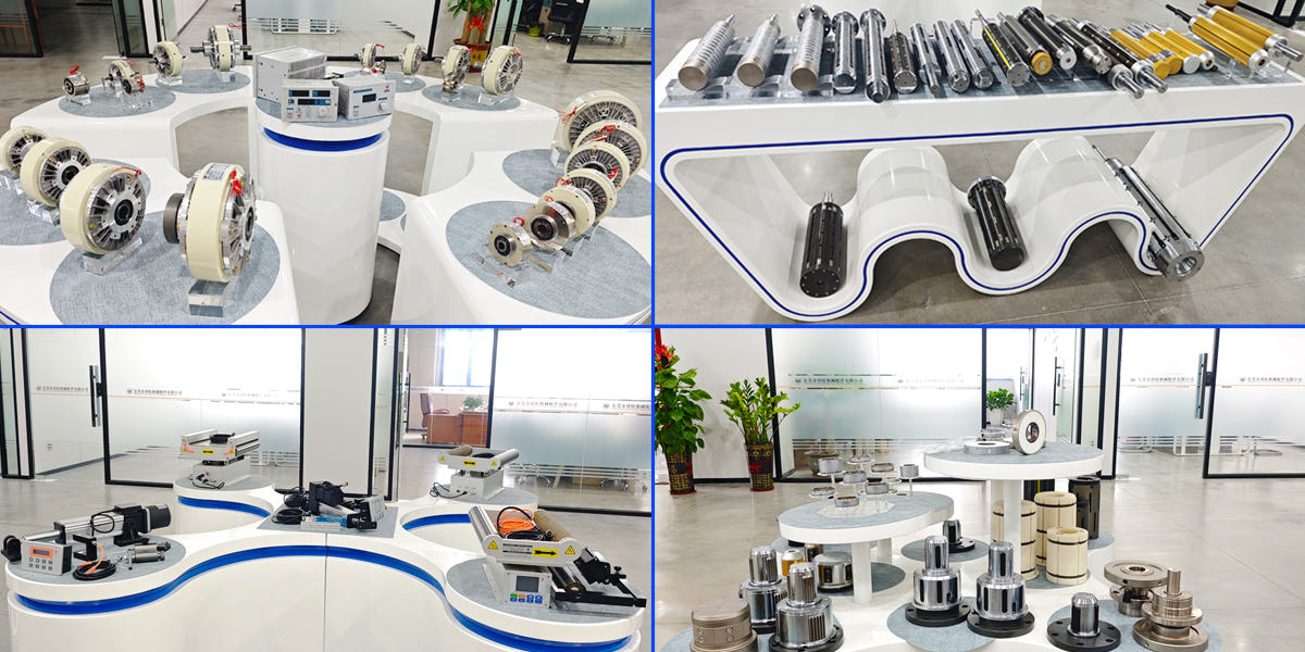 XW Machinery product collections featuring air shafts, differential rewind shafts, magnetic powder clutches, brakes, web guiding and tension control systems